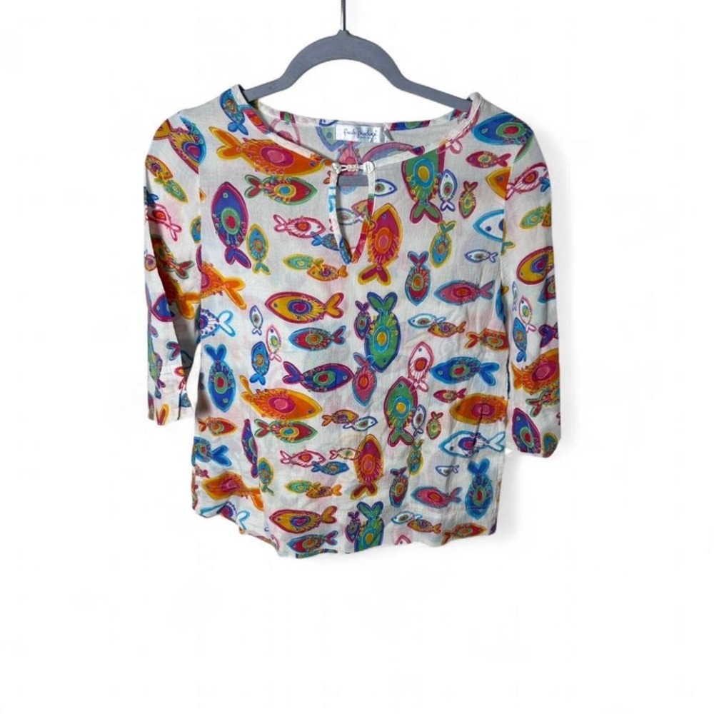 Fresh Produce Shirt Womens XS Multicolor Fish Print Long Sleeve Coastal USA
